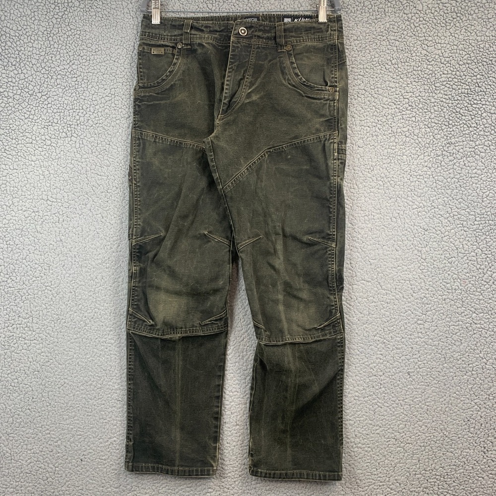 Kuhl Above The Law Pants Waxed Olive Patina 33x30 Double Knee Workwear EUC